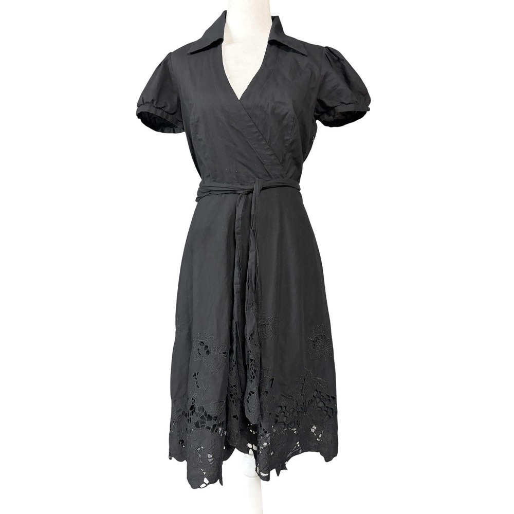 BCBGMAXAZRIA Dress Womens‎ 6 Black Eyelet Wrap A Line V Neck Short Sleeve Floral